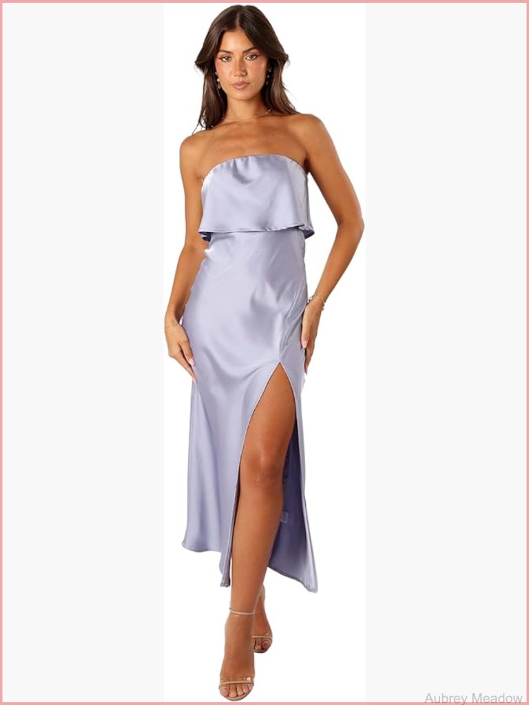 Strapless Midi Dress With Front Split, Zipper Closure, High Waist A-Line